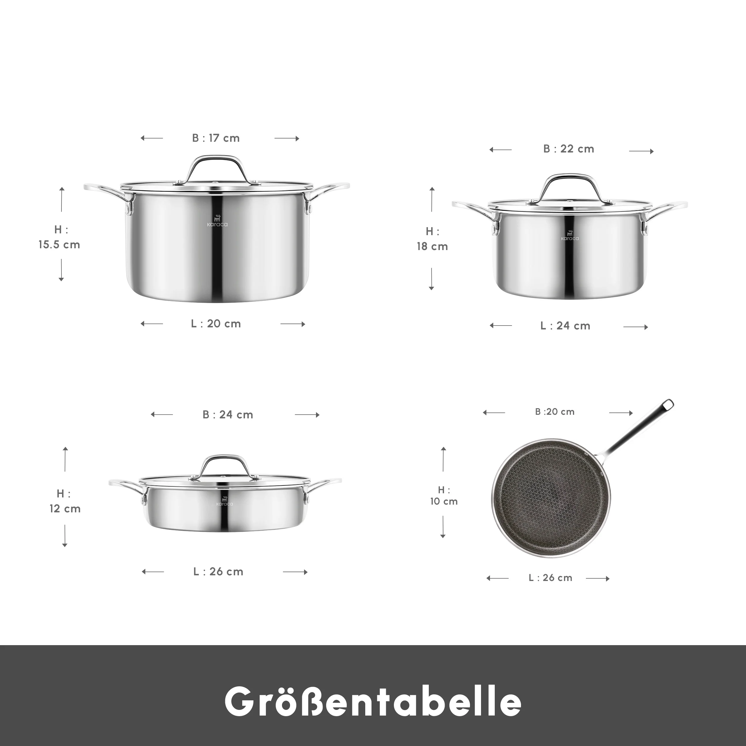 Karaca 3Ply Edelstahl Sparkle 7-teiliges Antihaft-Induktions-Kochgeschirr-Set, Silber – Bild 2