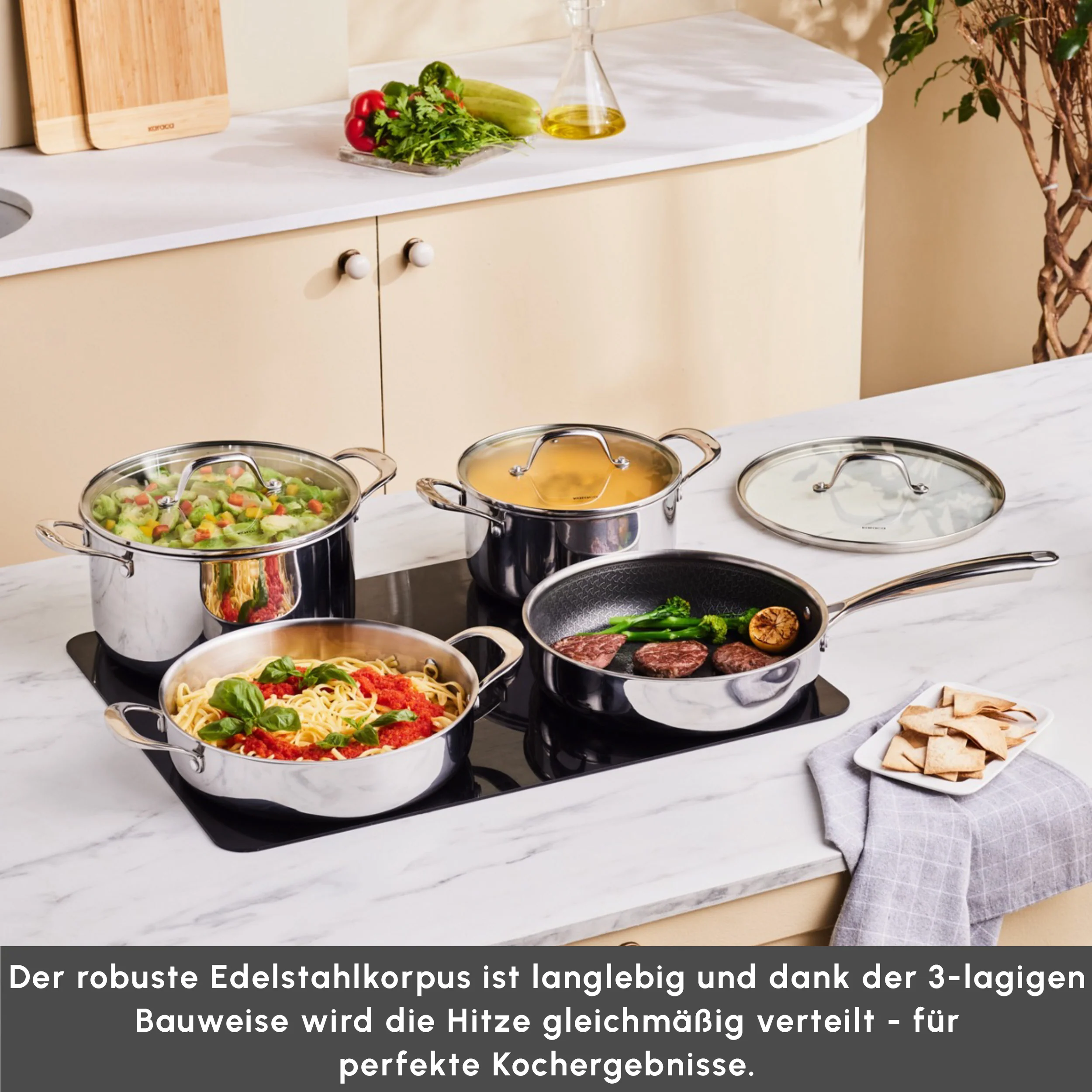 Karaca 3Ply Edelstahl Sparkle 7-teiliges Antihaft-Induktions-Kochgeschirr-Set, Silber – Bild 3