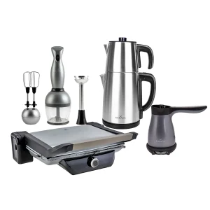 Karaca 4-teiliges Küchenkleingeräte Anthrazit Hochzeitspaket mit Edelstahl-Teemaschine