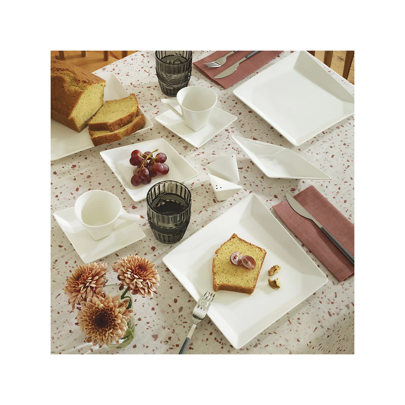 Karaca Origami für 6 Personen Quadrat Frühstücksset und Servierschalen, 26 Teilig, Porzellan – Bild 2