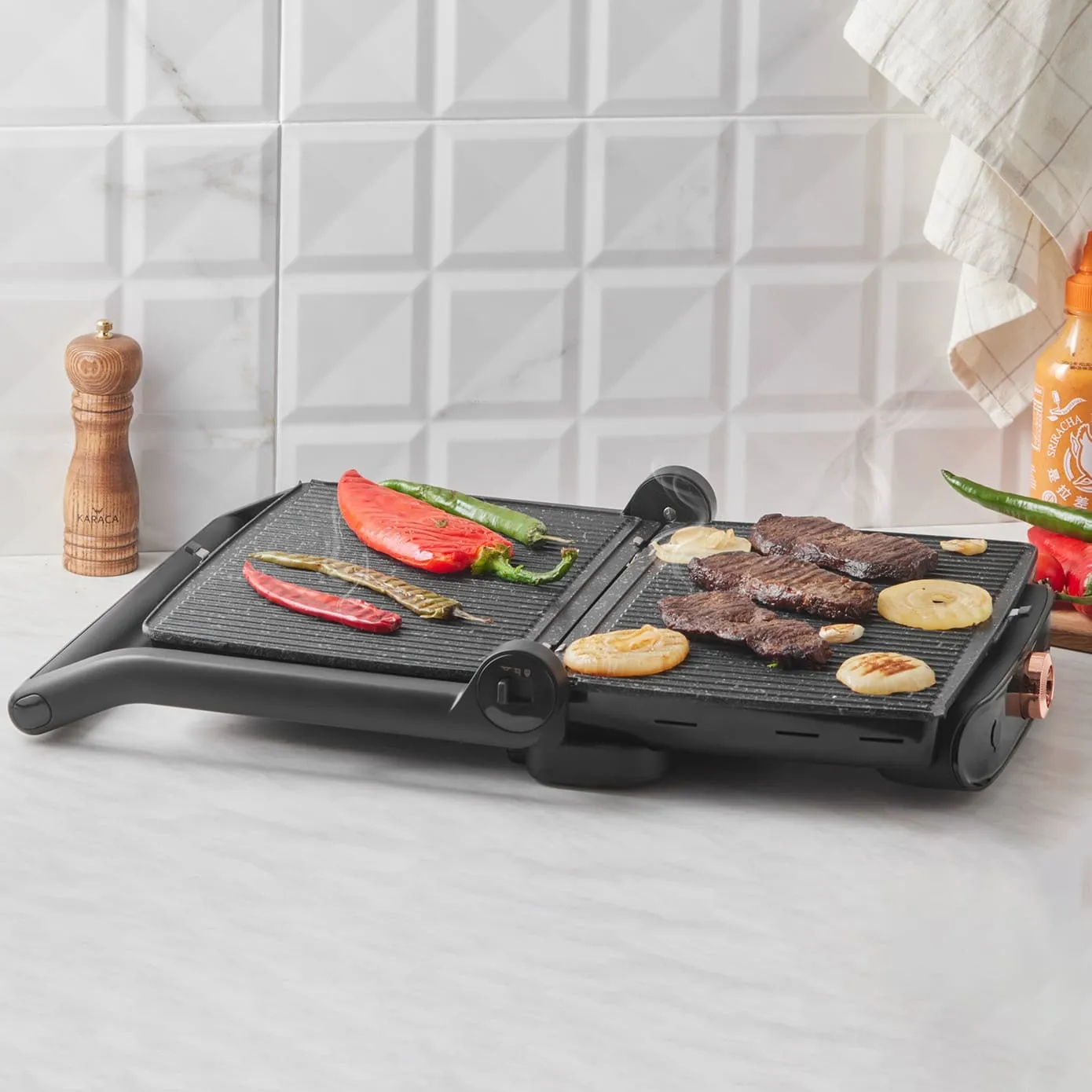 Karaca Gastro Grill Glas Premium 2400W Toaster und Grillmaschine Mattschwarz – Bild 5