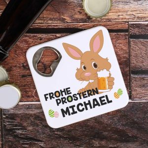 Quadratischer Flaschenöffner - Frohe Prostern - mit Namensaufdruck