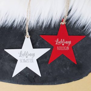 Metallanhänger in Sternform - Lieblings - mit Wunschaufdruck in rot oder weiß
