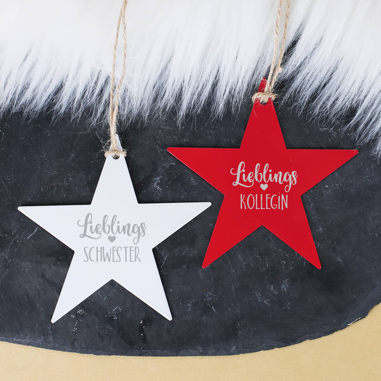 Metallanhänger in Sternform - Lieblings - mit Wunschaufdruck in rot oder weiß