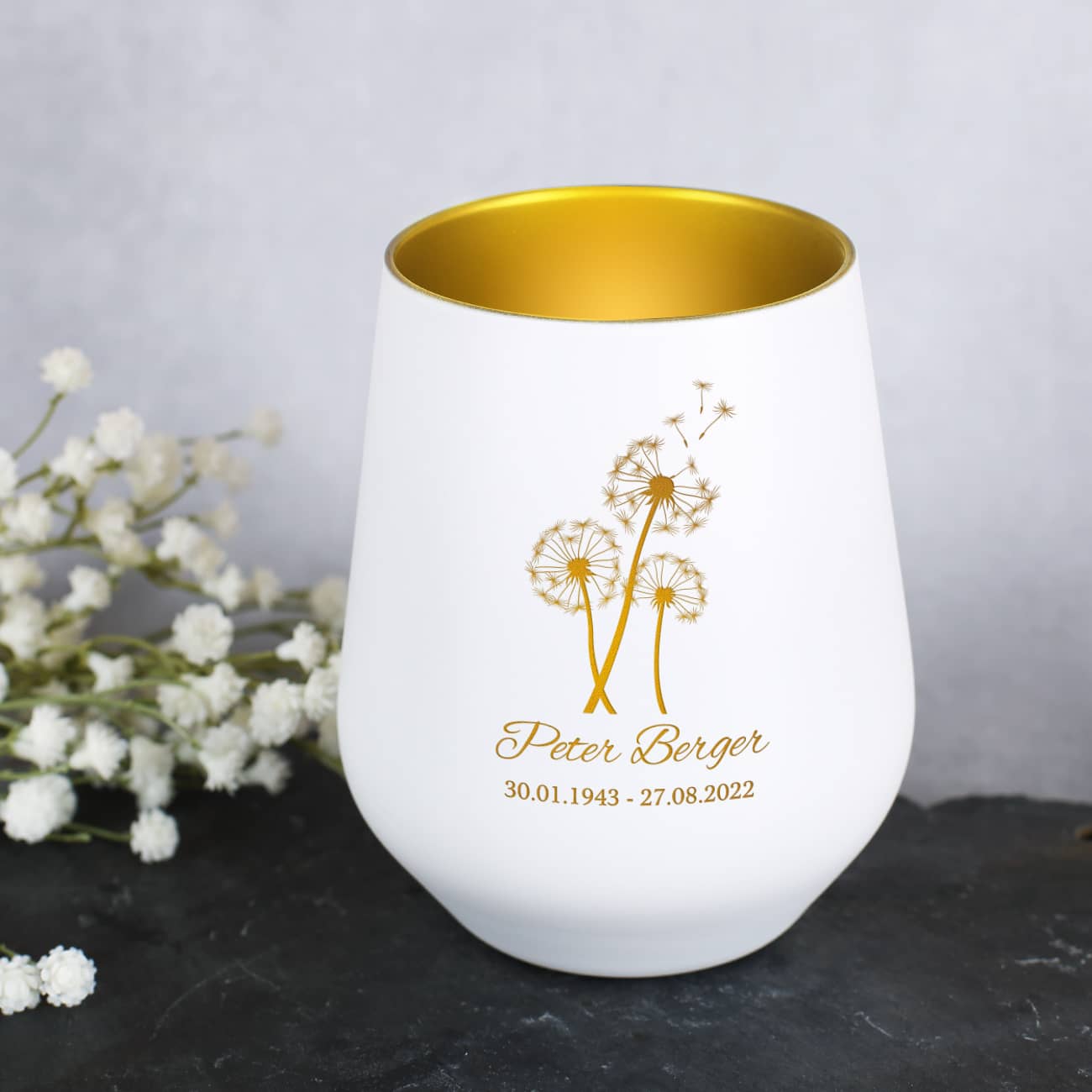Trauerwindlicht mit Pusteblume, Name und Datum – Bild 3