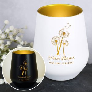 Trauerwindlicht mit Pusteblume, Name und Datum